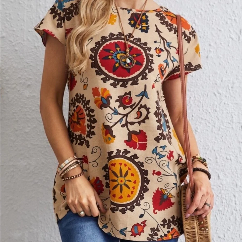 Boho Floral Print Short Sleeve Tunic Top - Picture 5 of 7